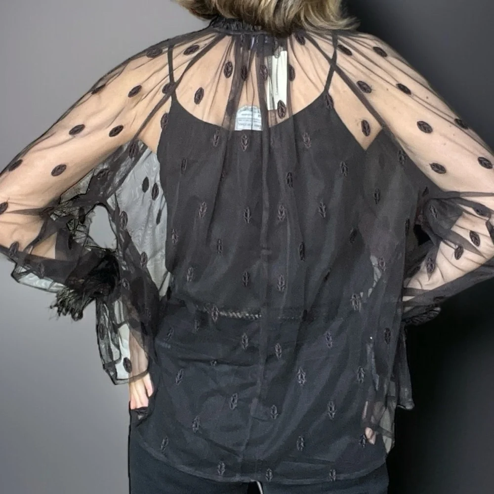 Anthropologie Rdalamal Black Ruffled Sheer Blouse Long Sleeve Feather Trim New M - Picture 3 of 13